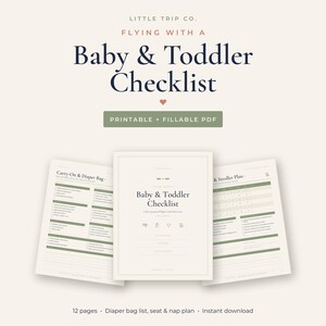 Lista de verificación para viajar en avión con un bebé, lista imprimible para viajes en avión con niños pequeños, PDF rellenable, lista para empacar la bolsa de pañales imagen 1