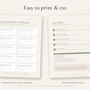 May include: Two printable pages with off-white backgrounds. The left page features ten mini cards titled Please Ask Before Feeding Me with fields for name and allergies. The right page provides instructions for printing, cutting, and folding the cards.
