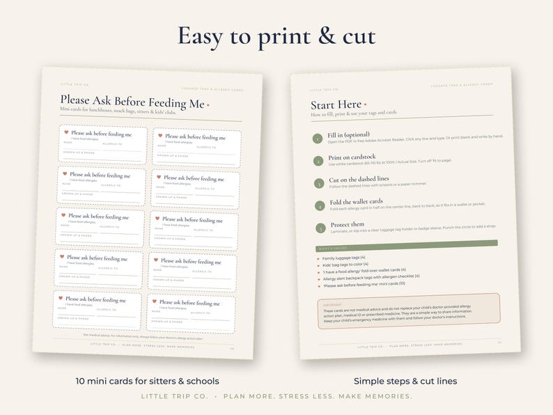 May include: Two printable pages with off-white backgrounds. The left page features ten mini cards titled Please Ask Before Feeding Me with fields for name and allergies. The right page provides instructions for printing, cutting, and folding the cards.