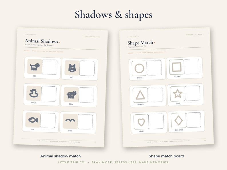 May include: Two educational activity sheets titled Shadows & shapes. The left sheet, Animal Shadows, features icons of a dog, cat, duck, cow, fish, and bird with empty boxes. The right sheet, Shape Match, displays outlines of a circle, square, triangle, star, heart, and diamond with empty boxes.