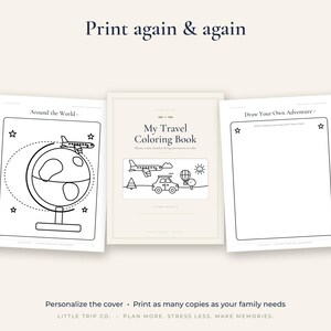 May include: A travel coloring book set featuring a central cover page titled My Travel Coloring Book with a car and airplane graphic, flanked by two activity pages titled Around the World with a globe and Draw Your Own Adventure.