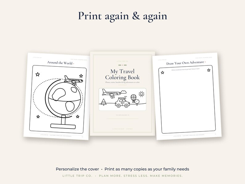May include: A travel coloring book set featuring a central cover page titled My Travel Coloring Book with a car and airplane graphic, flanked by two activity pages titled Around the World with a globe and Draw Your Own Adventure.