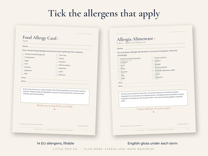 Food Allergy Chef Card Printable, 6 Language Restaurant Translation, Fillable Travel Allergen Wallet Size image 3