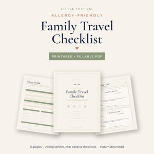 Lista de verificación para viajes familiares aptos para alérgicos (imprimible, PDF rellenable), tarjeta para chef de restaurante, lista de equipaje para vacaciones.