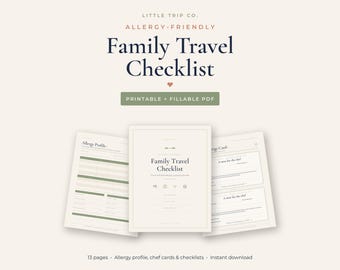 Allergy Friendly Family Travel Checklist Printable, Fillable PDF, Restaurant Chef Card, Vacation Packing List