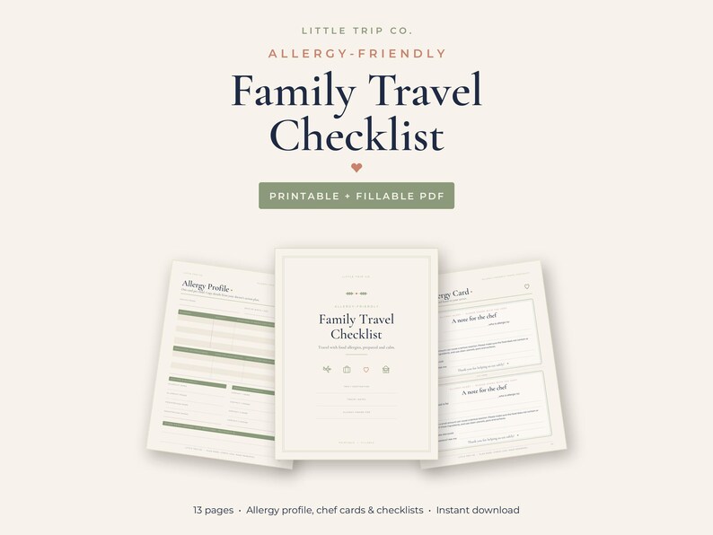 Lista de verificación para viajes familiares aptos para alérgicos (imprimible, PDF rellenable), tarjeta para chef de restaurante, lista de equipaje para vacaciones. imagen 1