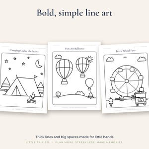 May include: Three coloring pages featuring bold, simple line art. The pages show scenes titled Camping Under the Stars, Hot Air Balloons, and Ferris Wheel Fun. Each page contains thick black outlines on a white background with large open spaces.