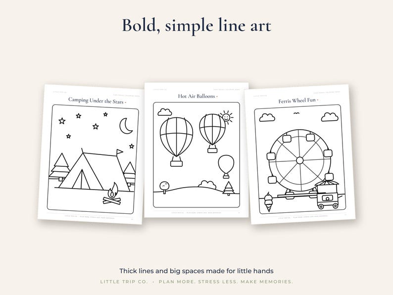 May include: Three coloring pages featuring bold, simple line art. The pages show scenes titled Camping Under the Stars, Hot Air Balloons, and Ferris Wheel Fun. Each page contains thick black outlines on a white background with large open spaces.