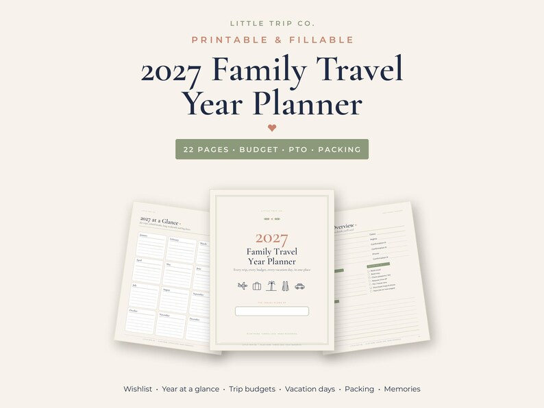 2027 Family Travel Planner, Fillable Vacation Budget, Time Off Tracker, Packing List, Trip Wishlist image 1