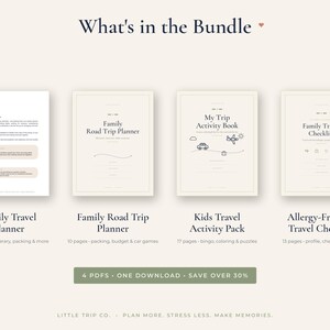 May include: A digital bundle featuring four travel planning documents: a Family Travel Planner, a Family Road Trip Planner, a Kids Travel Activity Pack, and an Allergy-Friendly Travel Checklist, all displayed with titles and page counts on a light background.
