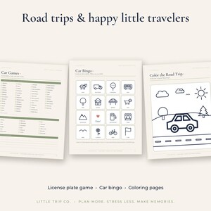 May include: Three printable activity sheets titled Road trips & happy little travellers. The pages include a Car Games list, a Car Bingo grid with icons, and a Color the Road Trip colouring page featuring a car, sun, and clouds.