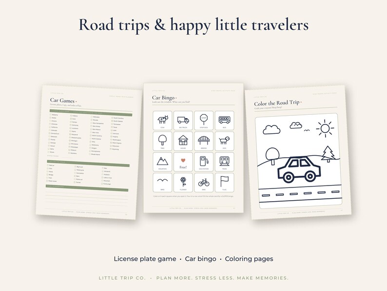May include: Three printable activity sheets titled Road trips & happy little travellers. The pages include a Car Games list, a Car Bingo grid with icons, and a Color the Road Trip colouring page featuring a car, sun, and clouds.