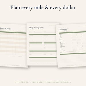 May include: Three off-white travel planner pages with dark green accents and text. The pages are titled Route & Stops, Daily Driving Plan, and Trip Budget. The top of the image features the text Plan every mile & every dollar.