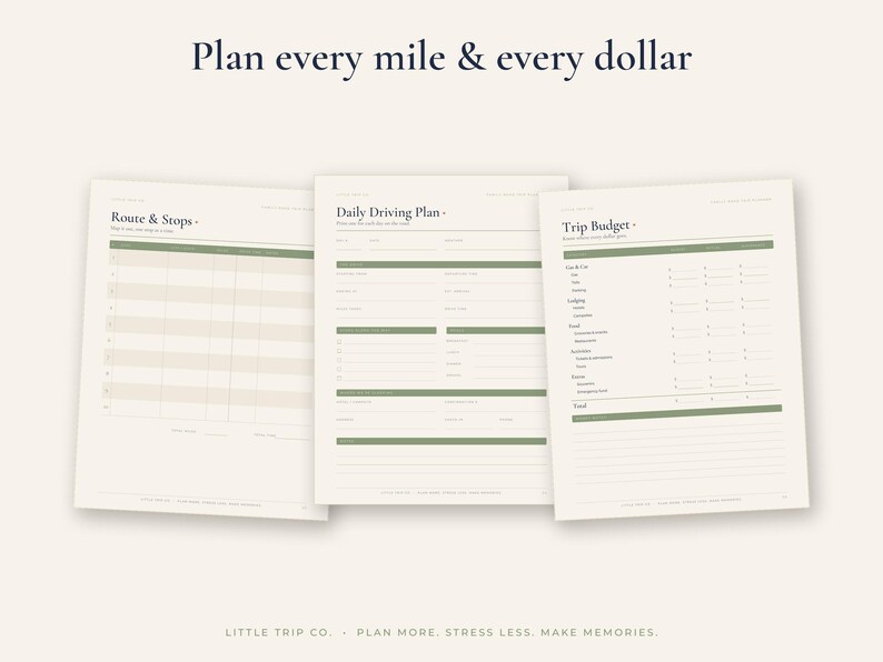 May include: Three off-white travel planner pages with dark green accents and text. The pages are titled Route & Stops, Daily Driving Plan, and Trip Budget. The top of the image features the text Plan every mile & every dollar.