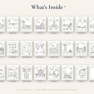 May include: A collection of twenty-four black and white coloring pages titled What's Inside, featuring travel-themed illustrations like a road trip, airplane, train, beach, and camping. The bottom text reads Little Trip Co. Plan More, Stress Less, Make Memories.