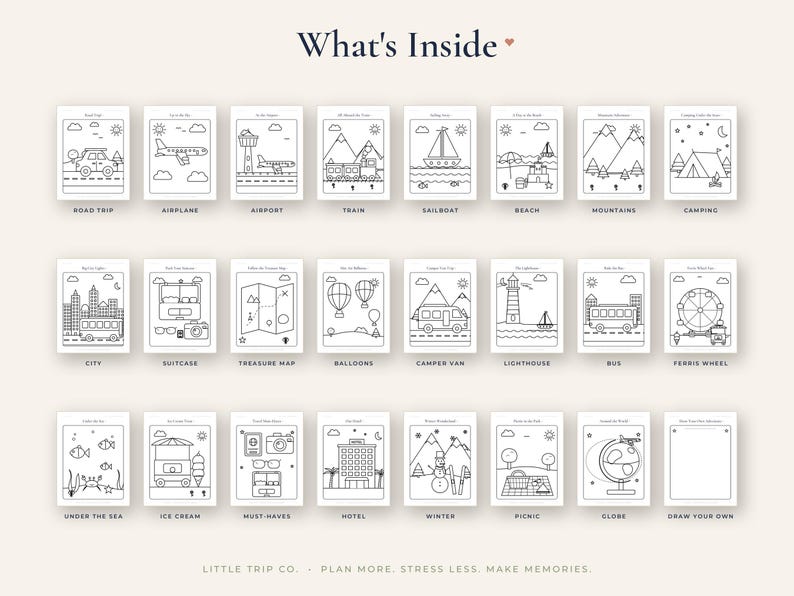May include: A collection of twenty-four black and white coloring pages titled What's Inside, featuring travel-themed illustrations like a road trip, airplane, train, beach, and camping. The bottom text reads Little Trip Co. Plan More, Stress Less, Make Memories.