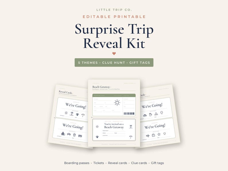 Surprise Trip Reveal Kit, Editable Boarding Pass, Kids Vacation Scavenger Hunt Clues, Christmas Gift image 1