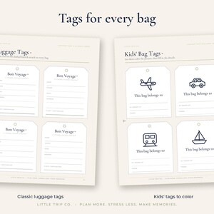 May include: Two printable sheets featuring luggage tags. The left sheet has four tags labeled Bon Voyage with lines for contact details. The right sheet has four tags with icons of a plane, car, train, and boat, labeled This bag belongs to.