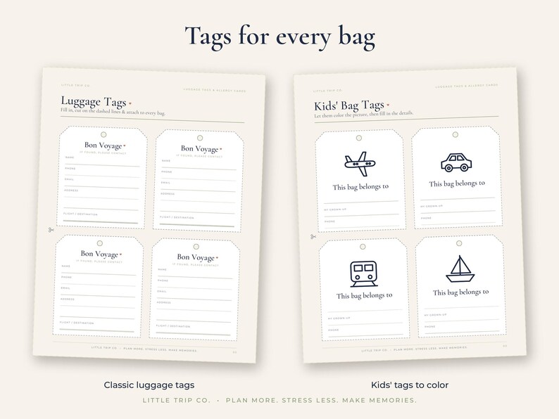 May include: Two printable sheets featuring luggage tags. The left sheet has four tags labeled Bon Voyage with lines for contact details. The right sheet has four tags with icons of a plane, car, train, and boat, labeled This bag belongs to.