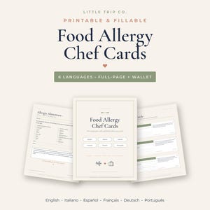 Food Allergy Chef Card Printable, 6 Language Restaurant Translation, Fillable Travel Allergen Wallet Size
