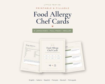 Food Allergy Chef Card Printable, 6 Language Restaurant Translation, Fillable Travel Allergen Wallet Size