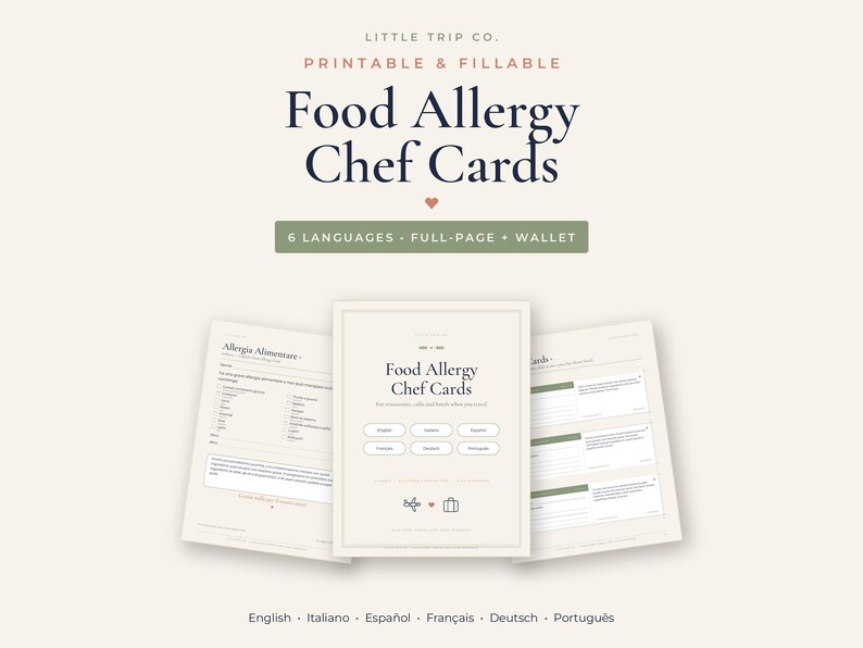 Food Allergy Chef Card Printable, 6 Language Restaurant Translation, Fillable Travel Allergen Wallet Size image 1
