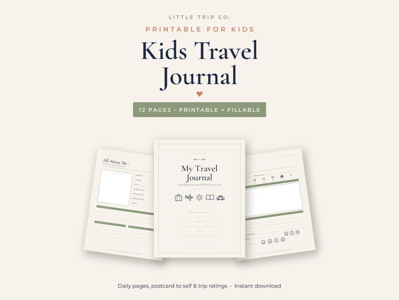 Puede incluir: Un diario de viaje para ni&ntilde;os imprimible de 12 p&aacute;ginas. La portada muestra el texto My Travel Journal con iconos de maleta, avi&oacute;n, sol, libro y coche. Se ven dos p&aacute;ginas interiores, una titulada All About Me y otra con iconos del tiempo.