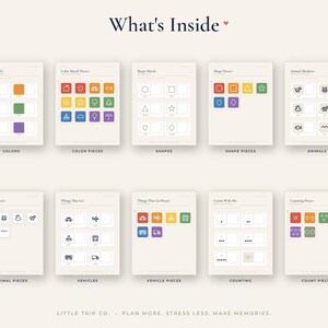 May include: A set of ten educational activity sheets titled What's Inside, featuring matching games for colours, shapes, animals, vehicles, and counting. Each sheet includes colourful icons and outlines for sorting tasks, with labels like Color Match, Shape Pieces, and Count With Me.