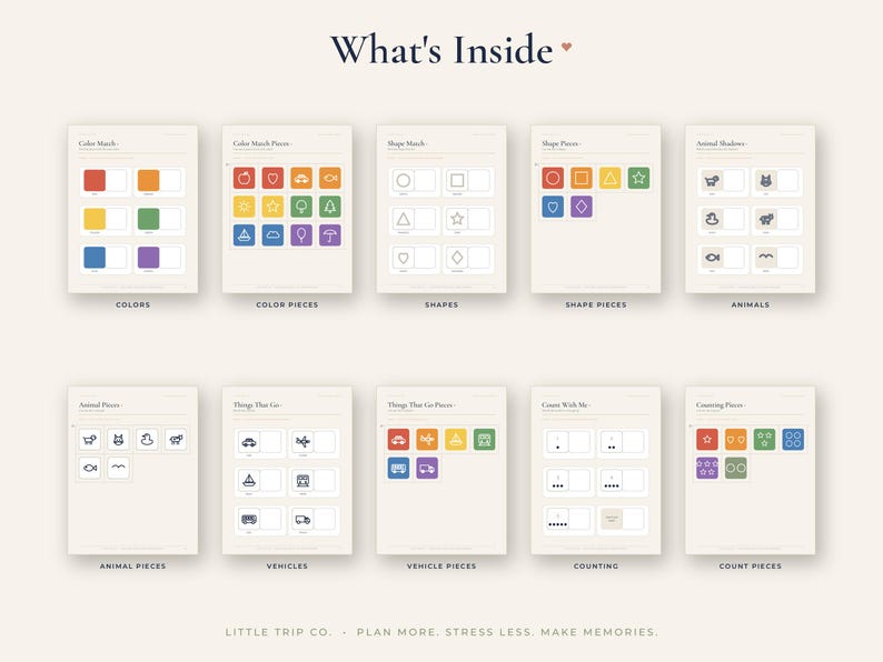 May include: A set of ten educational activity sheets titled What's Inside, featuring matching games for colours, shapes, animals, vehicles, and counting. Each sheet includes colourful icons and outlines for sorting tasks, with labels like Color Match, Shape Pieces, and Count With Me.