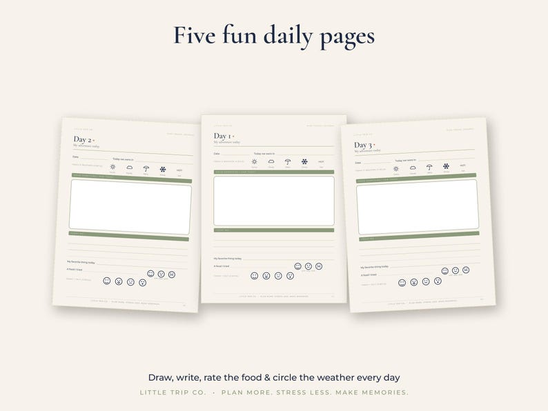 Puede incluir: Tres p&aacute;ginas de planificador diario color crema tituladas Five fun daily pages. Cada p&aacute;gina incluye secciones para el d&iacute;a 1, 2 y 3, iconos de clima, un rect&aacute;ngulo grande en blanco para dibujar, l&iacute;neas para escribir y cinco caras de estado de &aacute;nimo.