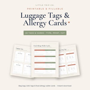 Printable Luggage Tags & Kids Food Allergy Cards, Fillable Wallet Template, Travel Bag Label