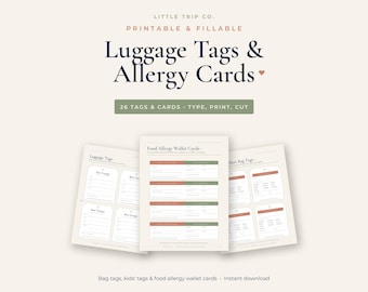 Printable Luggage Tags & Kids Food Allergy Cards, Fillable Wallet Template, Travel Bag Label