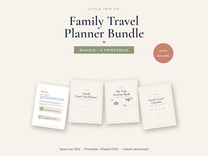 May include: A Family Travel Planner Bundle featuring four printable documents: a Welcome page, a Family Road Trip Planner, a My Trip Activity Book, and a Family Travel Checklist. The text is displayed in dark blue on a light cream background.