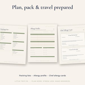 May include: Three printable document pages titled Plan, pack & travel prepared, featuring a Packing List, an Allergy Profile, and Chef Allergy Cards. The forms use a cream background with dark green headers and text lines for organisation.