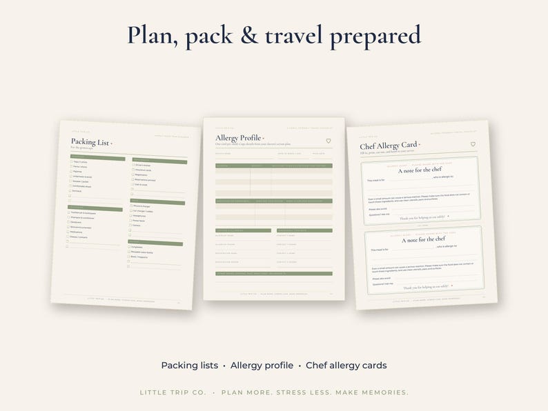 May include: Three printable document pages titled Plan, pack & travel prepared, featuring a Packing List, an Allergy Profile, and Chef Allergy Cards. The forms use a cream background with dark green headers and text lines for organisation.