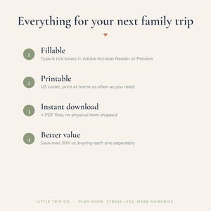 May include: A digital document titled Everything for your next family trip. It lists four features: Fillable, Printable, Instant download, and Better value. The text includes instructions for Adobe Acrobat, US Letter size, and 4 PDF files.