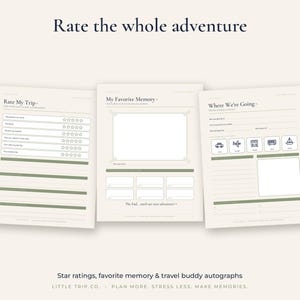 Puede incluir: Tres p&aacute;ginas de diario de viaje de color crema con detalles en verde oscuro. Las p&aacute;ginas incluyen el texto Rate the whole adventure, Rate My Trip, My Favorite Memory y Where We're Going, junto con secciones de estrellas, cuadros y l&iacute;neas.
