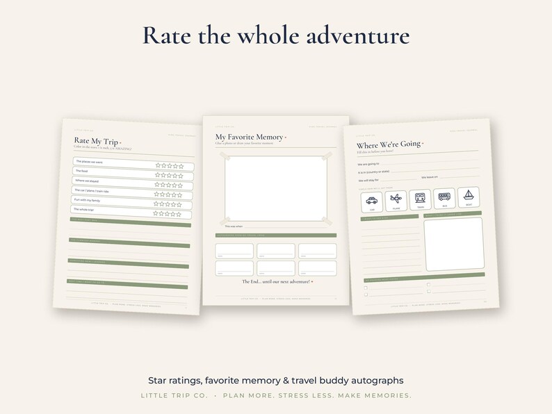 Puede incluir: Tres p&aacute;ginas de diario de viaje de color crema con detalles en verde oscuro. Las p&aacute;ginas incluyen el texto Rate the whole adventure, Rate My Trip, My Favorite Memory y Where We're Going, junto con secciones de estrellas, cuadros y l&iacute;neas.
