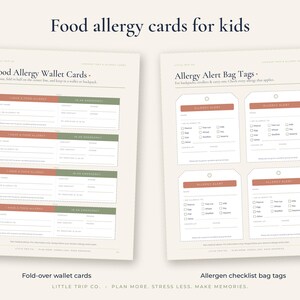 May include: Two printable sheets featuring food allergy wallet cards and allergy alert bag tags. The wallet cards have red and green sections for emergency contact information. The bag tags include checkboxes for common allergens like peanut, tree nut, milk, egg, wheat, soy, fish, shellfish, and sesame.
