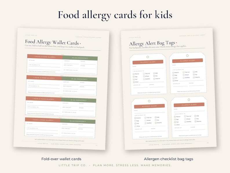 May include: Two printable sheets featuring food allergy wallet cards and allergy alert bag tags. The wallet cards have red and green sections for emergency contact information. The bag tags include checkboxes for common allergens like peanut, tree nut, milk, egg, wheat, soy, fish, shellfish, and sesame.