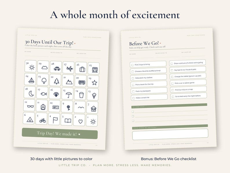 Trip Countdown Calendar for Kids, Printable Vacation Chart, 7 14 30 Day Fillable Download image 4