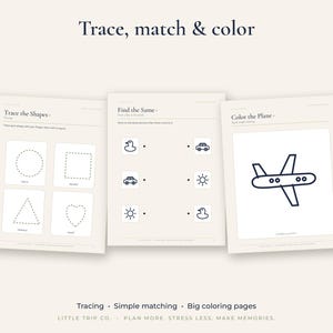May include: Three educational activity sheets with off-white backgrounds and dark text. The pages feature "Trace the Shapes," "Find the Same," and "Colour the Plane" exercises with black line drawings of shapes, a duck, a car, a sun, and an aeroplane.