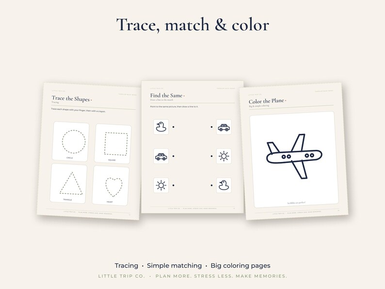 May include: Three educational activity sheets with off-white backgrounds and dark text. The pages feature "Trace the Shapes," "Find the Same," and "Colour the Plane" exercises with black line drawings of shapes, a duck, a car, a sun, and an aeroplane.