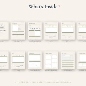 Puede incluir: Un conjunto de diario de viaje con once p&aacute;ginas de fondo blanco roto y detalles en verde salvia. Las p&aacute;ginas incluyen encabezados como My Travel Journal, All About Me, Where We're Going, Day 1 al 5, Postcard to Me, Tickets & Treasures, Rate My Trip y Favorite Memory.
