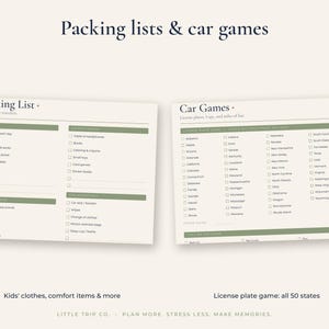 May include: Two printed sheets titled Packing lists & car games. The left sheet is a Packing List for the little travelers with categories for clothes, comfort items, entertainment, and essentials. The right sheet is a Car Games list with all 50 states.