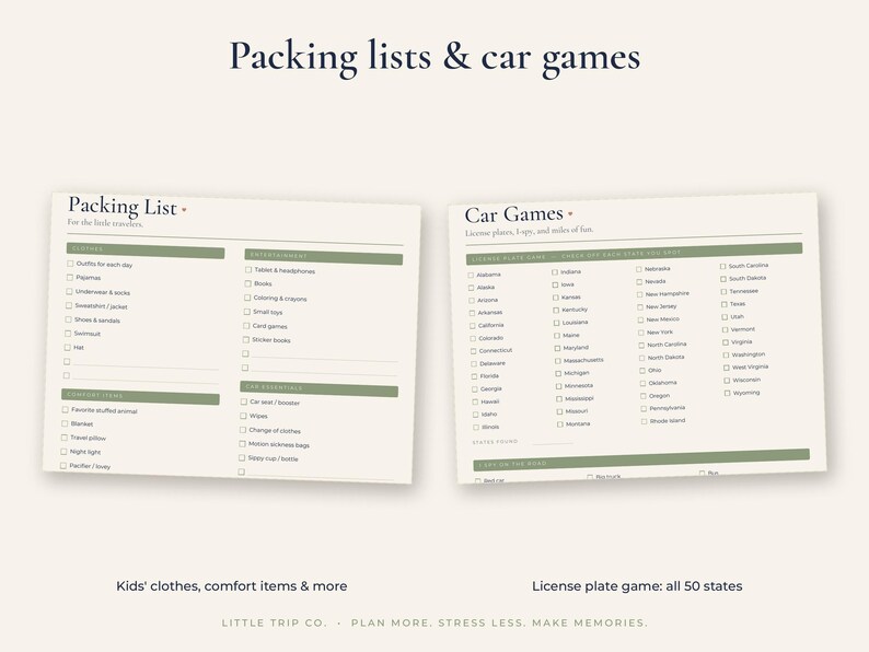 May include: Two printed sheets titled Packing lists & car games. The left sheet is a Packing List for the little travelers with categories for clothes, comfort items, entertainment, and essentials. The right sheet is a Car Games list with all 50 states.