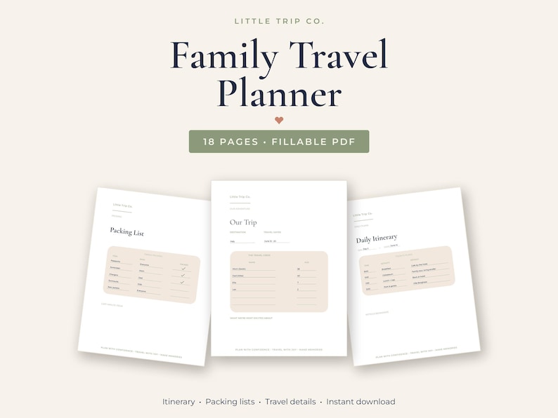 Family Travel Planner Printable, Vacation Itinerary, Packing List, Trip Budget Organizer, Fillable PDF image 1