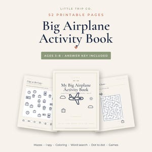 Airplane Activity Book for Kids, 52 Printable Pages, Plane Travel Games, Mazes, I Spy