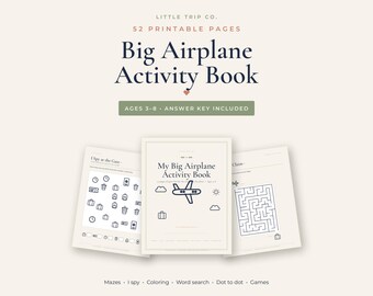 Airplane Activity Book for Kids, 52 Printable Pages, Plane Travel Games, Mazes, I Spy