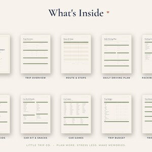 May include: A digital family road trip planner set featuring ten pages with a cream background and dark green accents. Pages include a cover, trip overview, route and stops, daily driving plan, packing lists for adults and kids, car kit, games, budget, and memories.